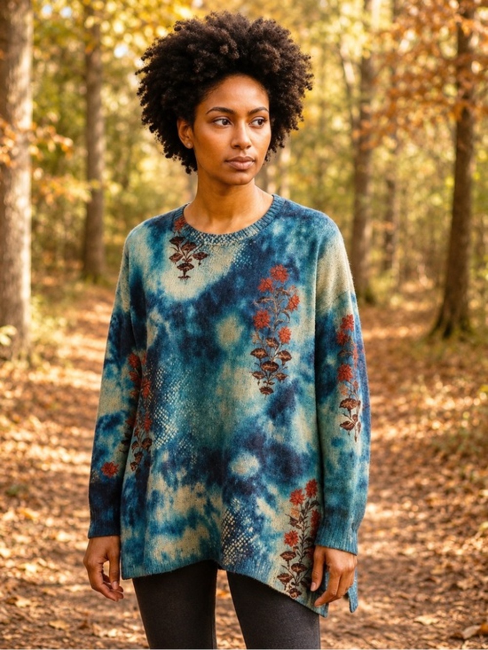 Blue Tie Dye Floral Artsy Wool Blend Sweater Pullover Wearable Art EUC L/XL 1316